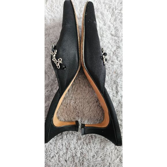 BRIGHTON ZIZI‎ US 6M Black Satin Jeweled Pointy Toe Medium Heel Mule Shoe ITALY - Picture 6 of 6